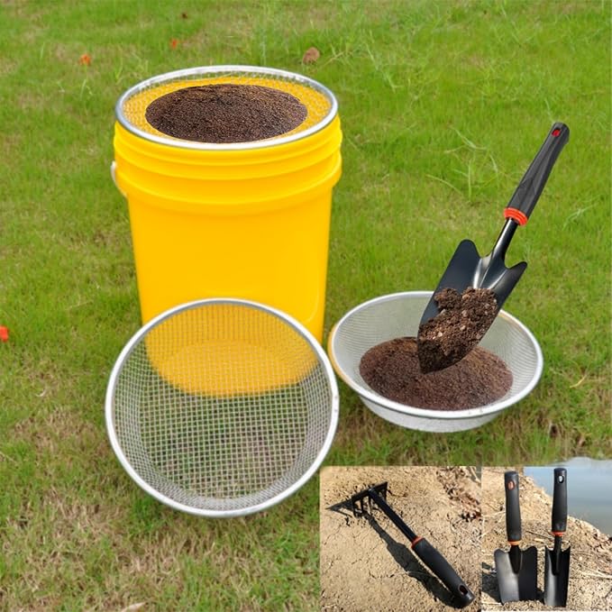 Garden Tool Set, Includes 1/4-inch Mesh Gardening Sifter, Trowel, Transplanter, and Cultivator for Outdoor Gardening, Ergonomic Yard Tool Kit
