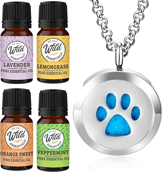 Wild Essentials Dog Paw Necklace Essential Oil Diffuser Kit with Lavender, Lemongrass, Peppermint, Orange Oils, 12 Refill Pads, Calming Aromatherapy Gift Set, Customizable Color Changing, Perfume
