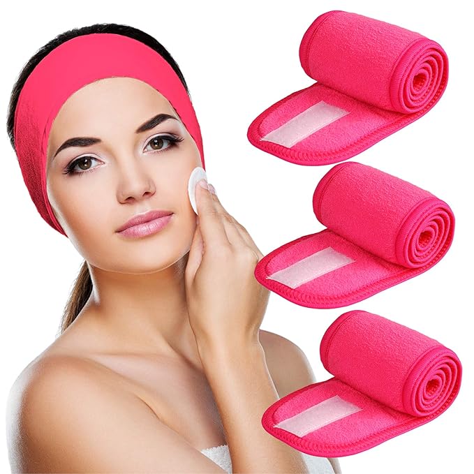 Denfany 3 Pack Makeup Headband, Ultra Soft Adjustable Spa Facial Headbands Terry Cloth Stretch Make Up Wrap for Face Washing, Bathing, Showers (Rose Red)