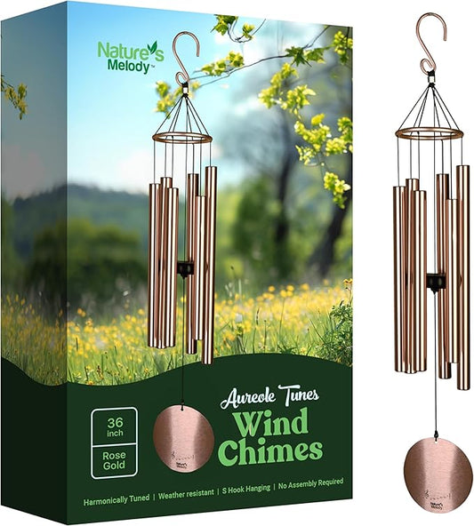 Nature’s Melody Aureole Tunes Wind Chimes – Outdoor Windchime with 6 Tubes Tuned to E Pentatonic Scale, 100% Rustproof Aluminum, Powder Finish & S Hook Hanger for Sympathy, Memorial Gift or Zen Garden