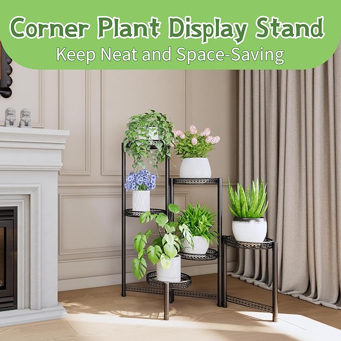 6-Tier Metal Plant Stand Indoor Outdoor - Corner Tall Plant Shelf for Multiple Plants, Foldable Heavy Duty Plant Holder - Decoration flower Stand for House Living Room Balcony Garden Patio - Black