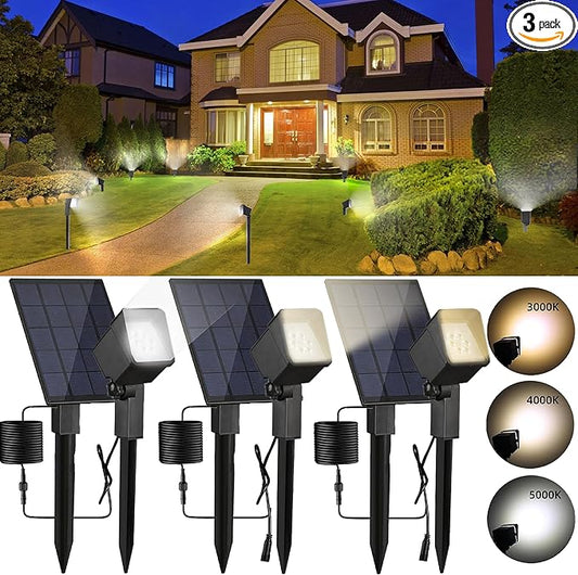 Solar Spot Light Landscape Lighting - 3 Pack of Outdoor Landscaping Light, 500 Lumen Garden or Accent Lighting for House or Trees, Dual Beam Angle, and 3 Light Colors,10ft Cable and Remote Solar Panel