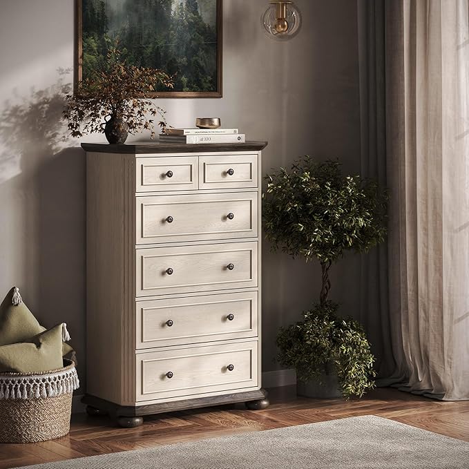 BELLEZE 48" Drawer Dresser Chest with 5 Drawers, Rustic Tall Wooden Bedside Storage Cabinet Farmhouse Clothes Organizer for Bedroom or Living Room, Antique White