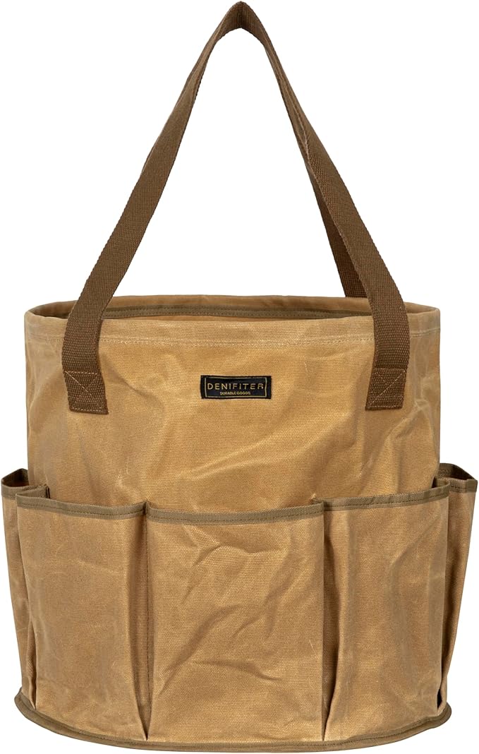 Heavy-Duty 16oz Waxed Canvas Garden Tool Tote with Handle, Wide-Mouth Open Top Design 14 inch Tool Bag | Khaki