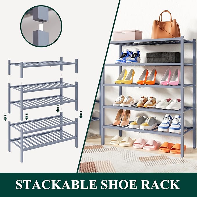 Smiry Shoe Rack, 6 Tier Thick Bamboo Shoe Organizer, Stackable Free Standing Wooden Shoe Storage Shelf for Closet, Entryway, Front Door Entrance, Grey