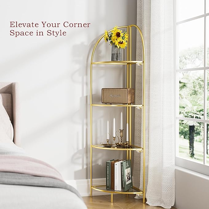 Crofy Foldable 4 Tier Corner Shelf, Metal Corner Plant Stand with Gold Frame and Transparent Shelves, Corner Display Rack Multipurpose Shelving Unit for Living Room, Bedroom, Bathroom
