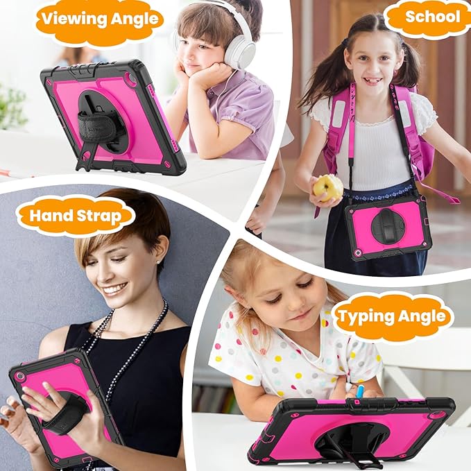 SEYMAC stock Case for Samsung Galaxy Tab A8 10.5'', Full-Body Drop Protection Case with Screen Protector Pencil Holder [360° Rotating Hand Strap] &Stand, Pink+Black