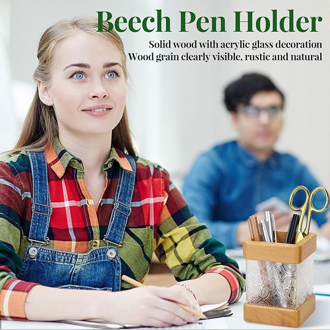 MultiBey Beech Wooden Pencil Holder, Clear Acrylic Wood Pen Holder, Modern Pencil Cup Organizer Stand Wood Desk Accessory Organizer for School Office Home Supplies