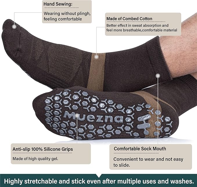 Muezna Men's Non-Slip Yoga Socks, Anti-Skid Pilates, Barre, Bikram Fitness Hospital Slipper Socks with Grips