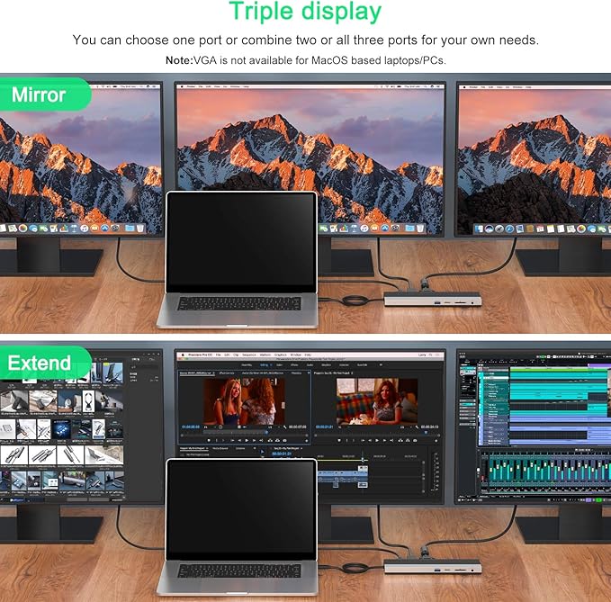 WAVLINK 12-in-1 USB C Docking Station, Triple Display Type C Hub Multiport Adapter with HDMI, DisplayPort, VGA, Ethernet, USB-C 100W PD3.0 Charging, USB3.0, USB2.0, SD/TF Card Reader, Audio- UMD03