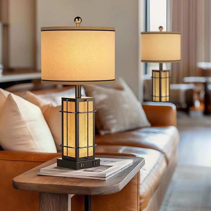 Black Table Lamps Set of 2, 24" Farmhouse Lamps for Living Room with USB C+A Ports, Industrial Retro Lamps for Bedroom, Nightstand Light Fixture, 2 Bulbs Included