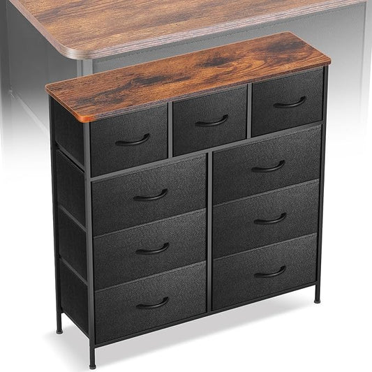 Curved Profile Dresser for Bedroom, Chest of Drawers, 9 Storage Drawers Organizer Unit, Black Dresser with Fabric Bins for Closet, Living Room, Kid Room (Black and Rustic Brown)