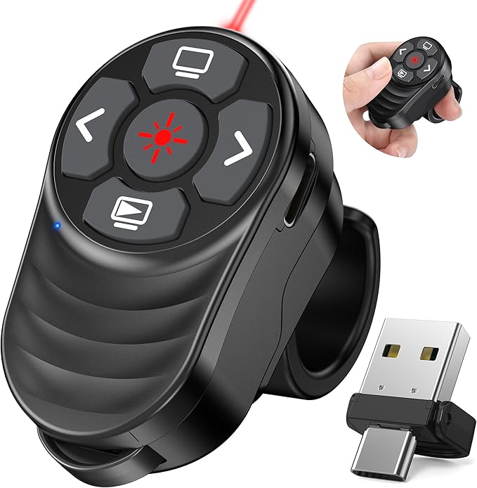 Wireless Presentation Clicker Rechargeable, Finger Ring Powerpoint Clicker with Red Laser Pointer, Presenter Remote PPT Clicker for Powerpoint Presentations for Mac Computer Laptop