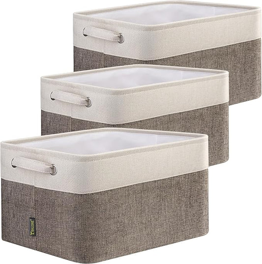BALEINE 3 Pack Fabric Storage Bins for Shelves, Linen Storage Baskets for Organizing, Decorative Closet Bins for Clothes, Home (Brown, 15"x11"x9.5") ﻿