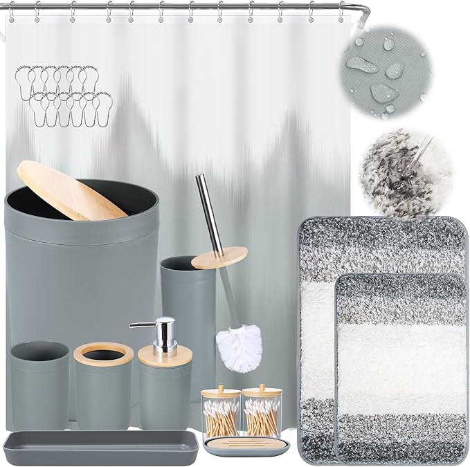 iMucci Bathroom Accessories Grey Bathroom Sets with Shower Curtain and Rug, Grey Ombre Waterproof Shower Curtain with Ultra Absorbent Rug Bathroom Accessories Set for Home Decor