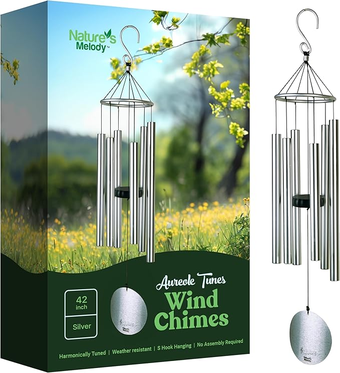 Nature’s Melody Aureole Tunes Wind Chimes – Outdoor Windchime with 6 Tubes Tuned to C Pentatonic Scale, 100% Rustproof Aluminum, Powder Finish & S Hook Hanger for Sympathy, Memorial Gift or Zen Garden