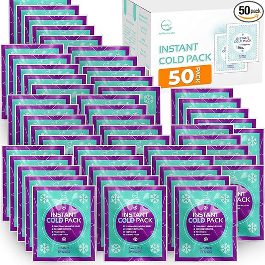 Bulk Instant Ice Cold Packs (6” x 5”) - 50 Packs Disposable Instant Ice Packs for Injuries | Cold Compress Ice Pack for Pain Relief, Swelling, First Aid, & Outdoor Activities