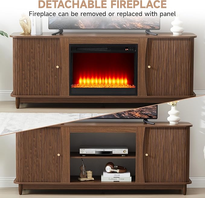 Fireplace TV Stand, Fluted TV Stand with Storage and Sliding Door, Farmhouse Entertainment Center Media Console Table for Living Room (Walnut)