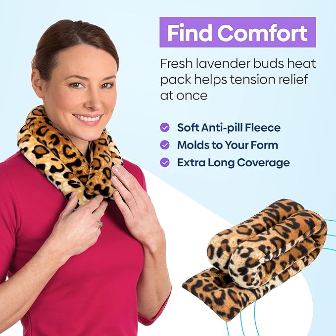 SunnyBay Microwave Heating Pad, Microwavable Heated Neck and Shoulder Wrap, Soothing Weighted Moist Heat or Ice Pack with Flaxseed and Lavender, FSA HSA Approved, 26x5 Inches, 2.5 lbs, Leopard