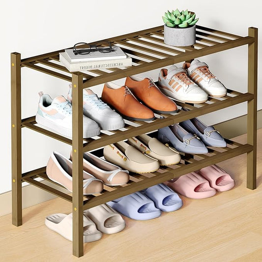 Smiry Bamboo Shoe Rack for Closet, 3 Tier Wooden Stackable Shoe Organizer, Free Standing Shoes Storage Shelf for Entryway, Front Door Entrance, Walnut
