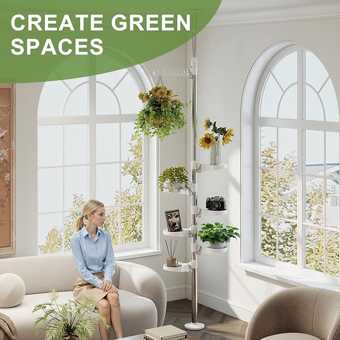 BAOYOUNI 7-Layer Indoor Plant Stands Spring Tension Pole Metal Flower Display Rack Space Saver Corner Floral Pot Hanger Shelf, Ivory