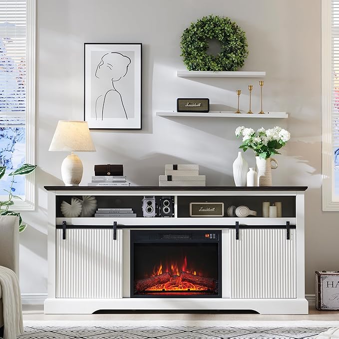 Fluted Fireplace TV Stand for TVs Up to 75 Inch, Modern Entertainment Center with Waveform Panel Sliding Door & Adjustable Shelves, Media Console for Living Room (White)