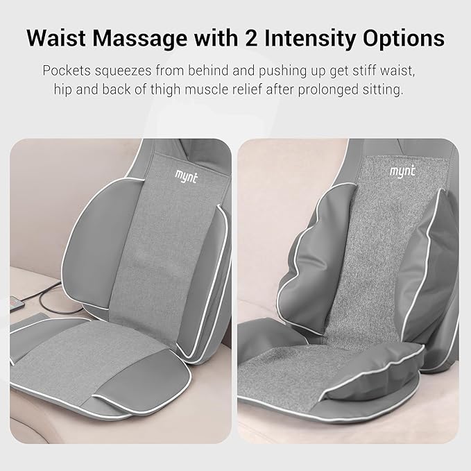 Mynt 2D & 3D Shiatsu Neck and Back Massager for Chair with 10 Deep Kneading Nodes, Adjustable Back Massage with Heat, Portable Massage Chair Pad (Gray)