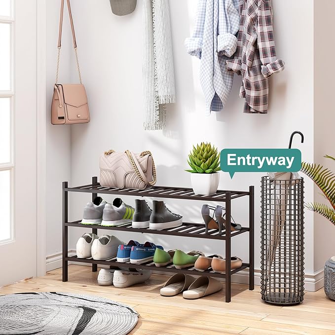 Long Shoe Rack, Bamboo Wood Shoe Rack for Closet, Entryway & Hallway, 3-Tier Stackable Shoe Shelf