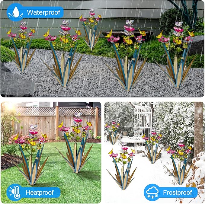 TOMBABY Garden Outdoor Butterfly Enlarge Thickened Wind Resistant Metal Agave Garden Art Metal Plant Country Sculpture Statue Decorations Ornaments Artificial Waterproof Butterflies(Blue 2pcs)