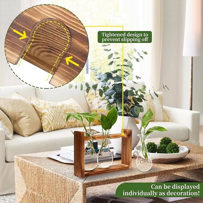 Glass Plant Propagation Station Bulb Planter Vase with Wooden Stand Birthday Gifts for Women Mom Plant Lovers Office Home Decoration