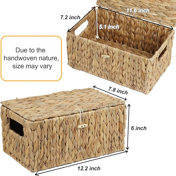 Water Hyacinth Baskets for Organizing, Rectangular Wicker Basket with Lid, Storage Baskets Bins with Handles for Shelf, Decorative Woven Basket Boxes for Storage Home Organizer (12.2" x 7.8" x 6")