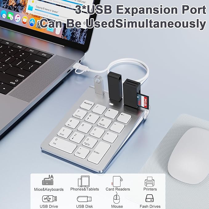 Wired Numeric Keypad with USB A/USB C, Multifunction Keys Number Pad with 3 Additional USB 2.0 Ports, 18 Keys, 15° Ergonomic Programmable Numeric Pad for Laptops, Notebooks, and Desktops
