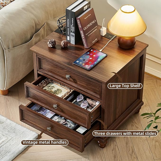 Farmhouse Nightstand with Charging Station, 24" Wide End Table with 3 Drawers,Wood Dresser Cabinet for Bedroom, Bed Side Table Chest of Drawers,Night Stand for Living Room, Closet,Brown