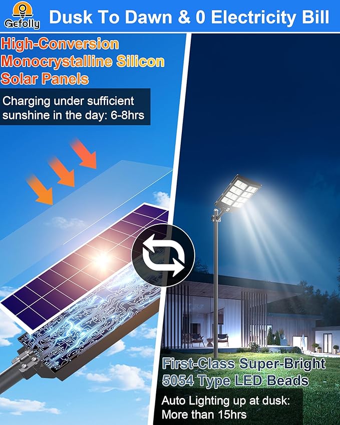 Gefolly SL-3800W Solar Street Light Outdoor 380000LM Wide Angle Commercial Parking Lot Lights Dusk to Dawn 6500K Flood Security Light IP67 Lamp for Basketball Court, Yard, Road