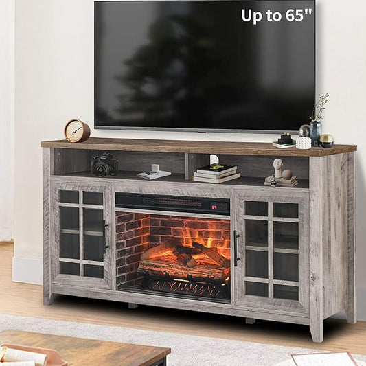 55" Rustic Fireplace TV Stand with 23" Fireplace Heater, Media Entertainment Center for TV up to 65", Open Storage Shelves, Cabinet Console Table, Gray