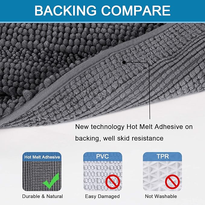 H.VERSAILTEX Bathroom Rugs Bath Rugs Non Slip Bath Mats Extra Thick Chenille Striped Rug 17" x 24" Absorbent Soft Shaggy Washable Dry Fast Bath Mats for Bathroom Floor - Grey