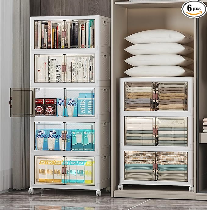 Extra Large Stackable Storage Bins with Lids & Wheels & Door, 416QT-52QT/13GAL*8Pack Foldable Collapsible Closet Organizers, Plastic containers drawers for bedroom Dorm