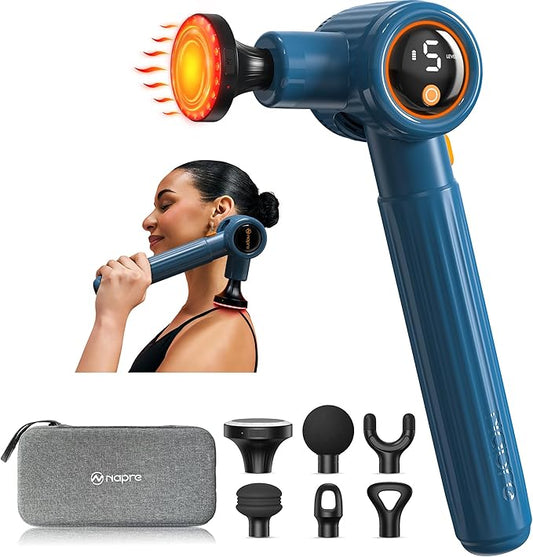 NAPRE Massage Gun with Heat,Massage Gun Deep Tissue with Extension Handle & 3 Adjustable Angles,Handheld Percussion Back Massager for Muscle/Neck/Body Pain Relief with Portable Case,Blue