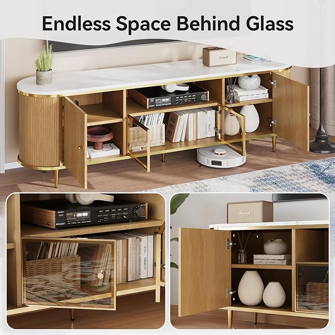 Luxury 70" Fluted TV Stand, Modern Entertainment Center for TVs Up to 80”, TV Console with Faux Marble Tabletop, Curved Profile Design, Media Console for Living Room, Wood