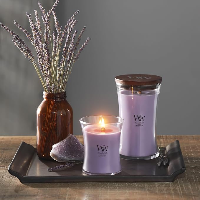 WoodWick Large Hourglass Candle Lavender Spa Scent Premium Soy Blend Crackles as it Burns 21oz Perfect for Gifting