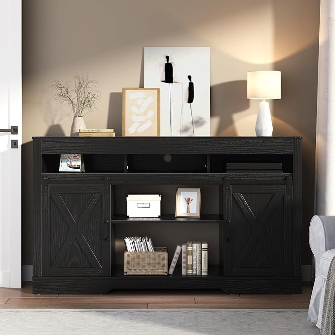 RoyalCraft Farmhouse TV Stand for 65+ Inch TV, Tall Entertainment Center with Storage Cabinets and Sliding Barn Doors, Mid Century Modern Media TV Console Table for Living Room (Black)