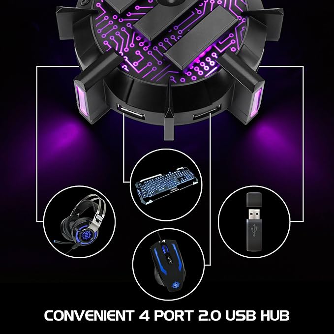 ENHANCE Gaming Headphone Stand Headset Holder with 4 Port USB Hub, Customizable LED Lighting, Flexible Acrylic Neck - Universal Hanger with Weighted Base for Wired or Wireless Headsets - PS4, Xbox, PC