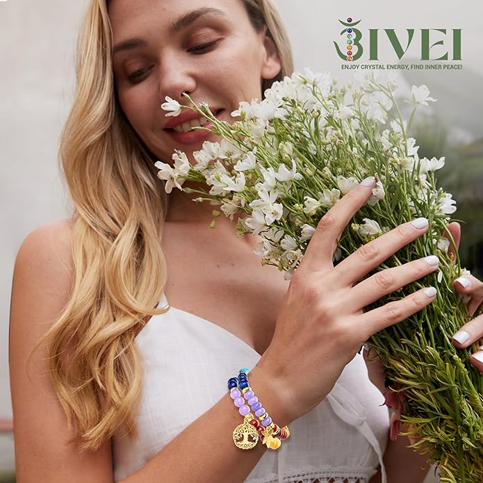 Bivei Natural Semi Precious Gemstone beads bracelet for women - Life Tree and Leaf Charm Energy Reiki Crystal Stretch Bracelets