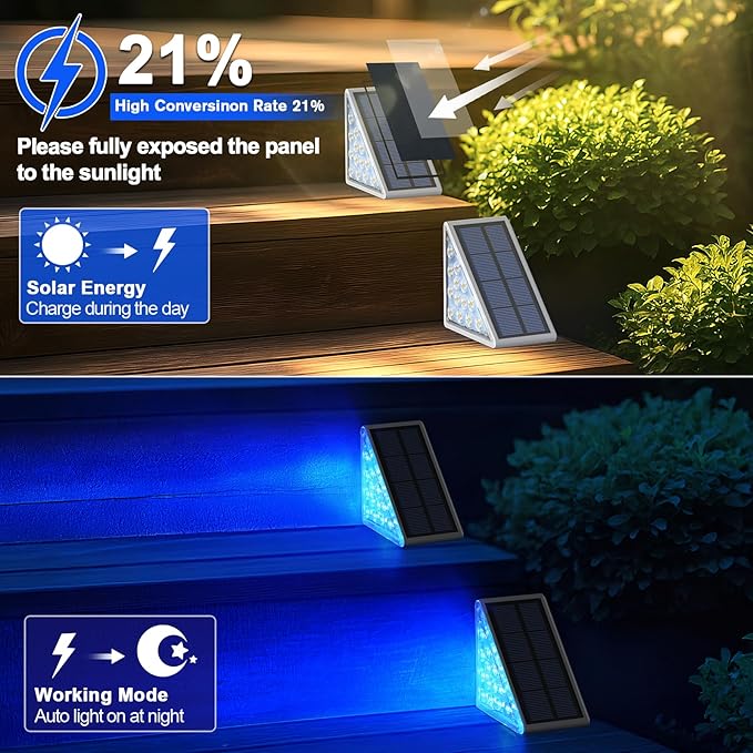 6 Pack Solar Stair Lights, Outdoor Step Lights with Waterproof IP67, Blue Color LED Solar Light for Outside Light Decor for Stair, Deck, Front Step, Front Porch, Patio and Backyard