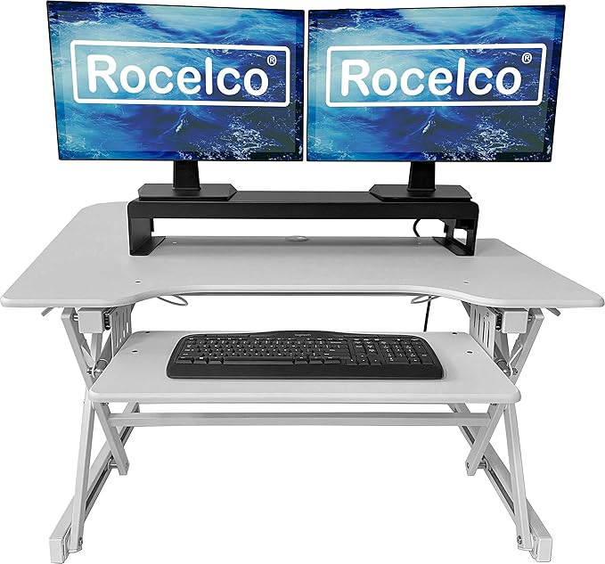 Rocelco 40" Large Height Adjustable Standing Desk Converter with Dual Monitor Stand BUNDLE - Quick Sit Stand Up Computer Workstation Riser - Retractable Keyboard Tray - White (R DADRW-40-DMS)