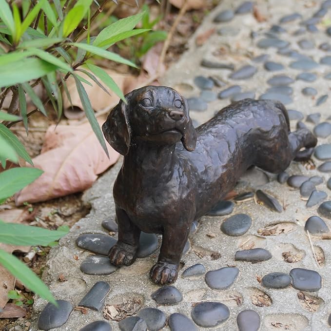 Dog Statues Outdoor Dachshund Décor - Wiener Dog Garden Statue Made of Resin Material Sausage Statue Dark Brown 12.75 * 4 * 8.5 inch for Patio Lawn Yard Porch Garden Gift Figurine