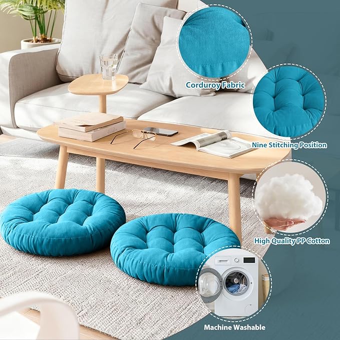 Tiita Floor Pillow Blue Cushion Round Seat Cushion Outdoor Floor Pad Meditation Cushion for Yoga Living Room Sofa Balcony, 22x22 Inch (Blue)