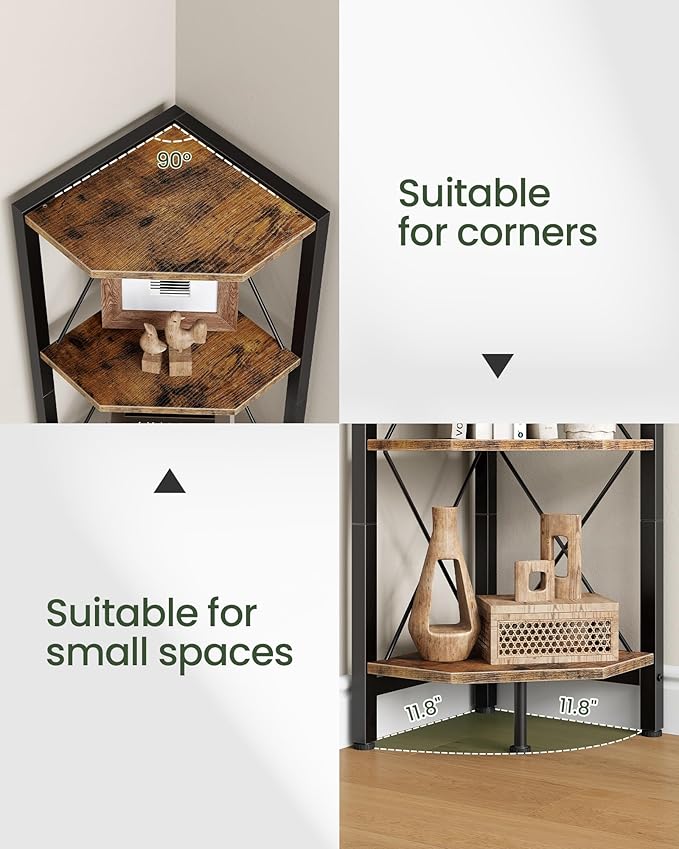 6-Tier Corner Shelf, Corner Bookcase, 66.9" Tall Vertical Display Rack, Plant Stand, Open Storage Shelf, for Living Room, Bedroom, Study, Kitchen, Rustic Brown and Black TCJ13BF