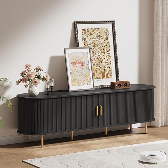 DHH 70 inch Tv Stand Cabinet with Storage,Fluted Tv Console Entertainment Center with Storage Adjustable Shelves, Modern Vintage with Sliding Doors tv Stand for Living Room (Black, 70 Inch)