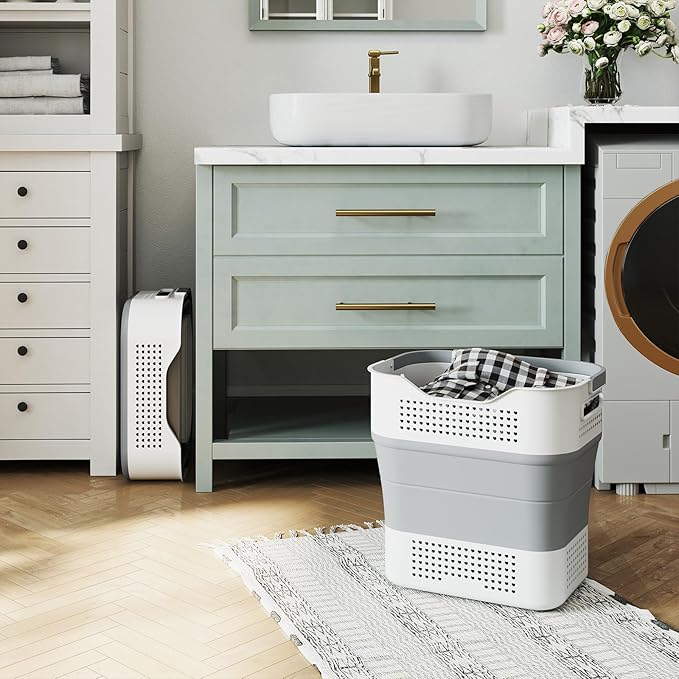 TECHMILLY Collapsible Plastic Laundry Basket Hamper with Handles, 35L Portable Rubber Clothes Basket, Pop Up Storage Container/Organizer with Hanging basket for Washing & Storage, Grey